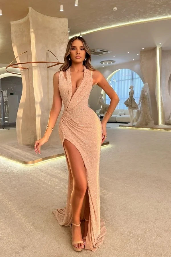 Bodycon Halter Champagne Maxi Evening Dress