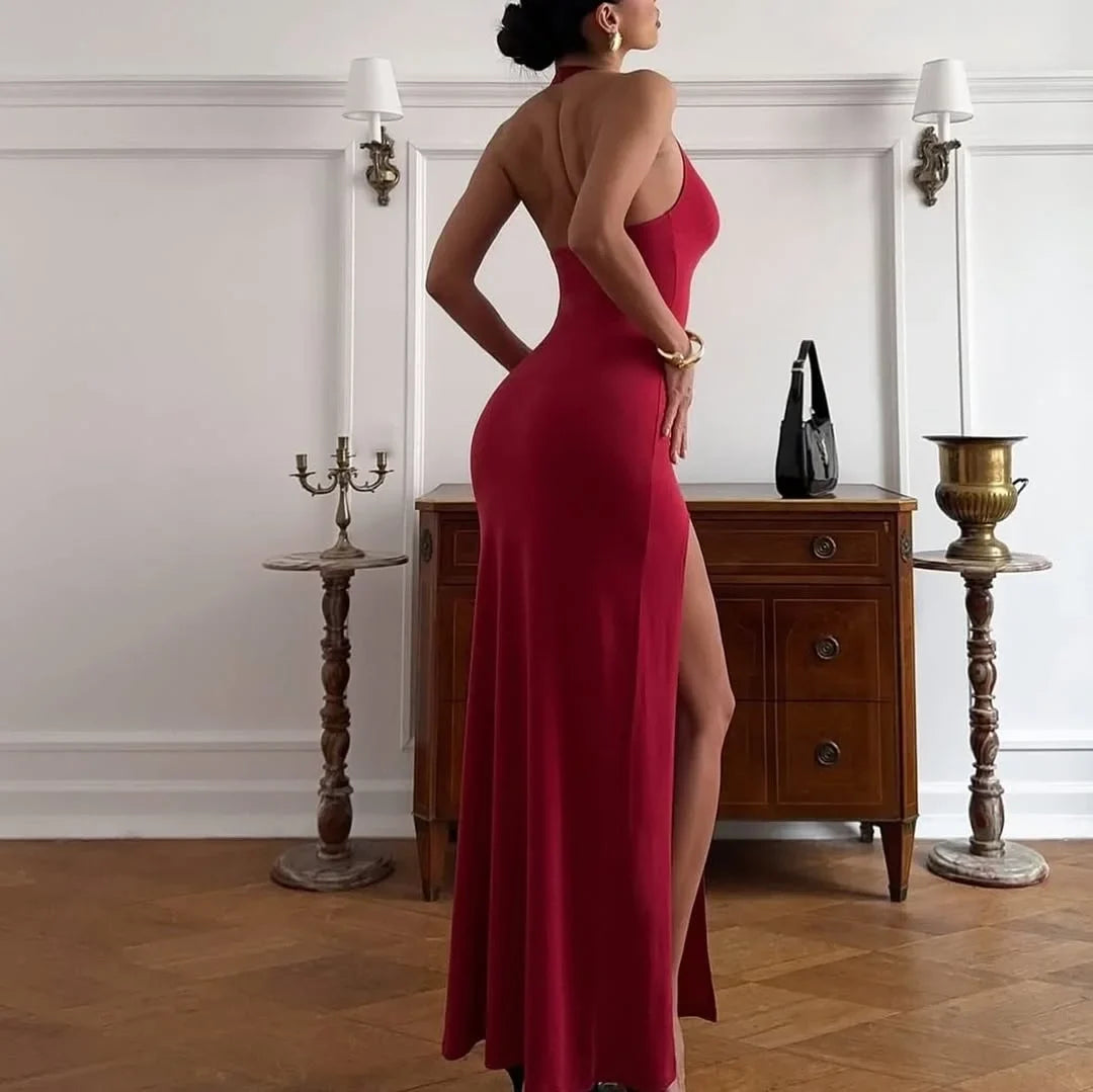 Red Bodycon Halter Sleeveless Rose Maxi Prom Dress