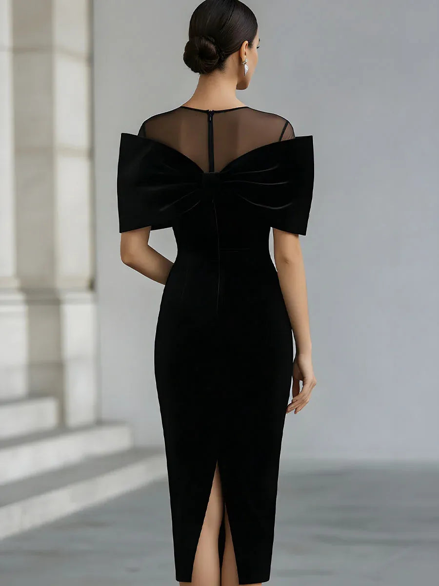 Black Bodycon Sheer Neck Bow Detail Midi Evening Dresses