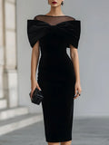 Black Bodycon Sheer Neck Bow Detail Midi Evening Dresses