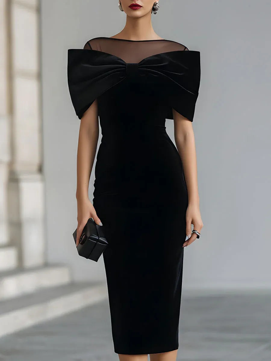 Black Bodycon Sheer Neck Bow Detail Midi Evening Dresses