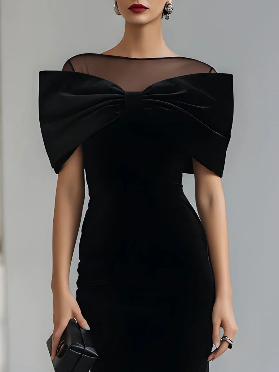Black Bodycon Sheer Neck Bow Detail Midi Evening Dresses