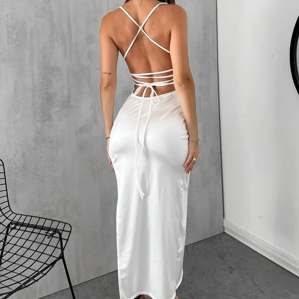 White Bodycon Square Neck Split Maxi Prom Dress
