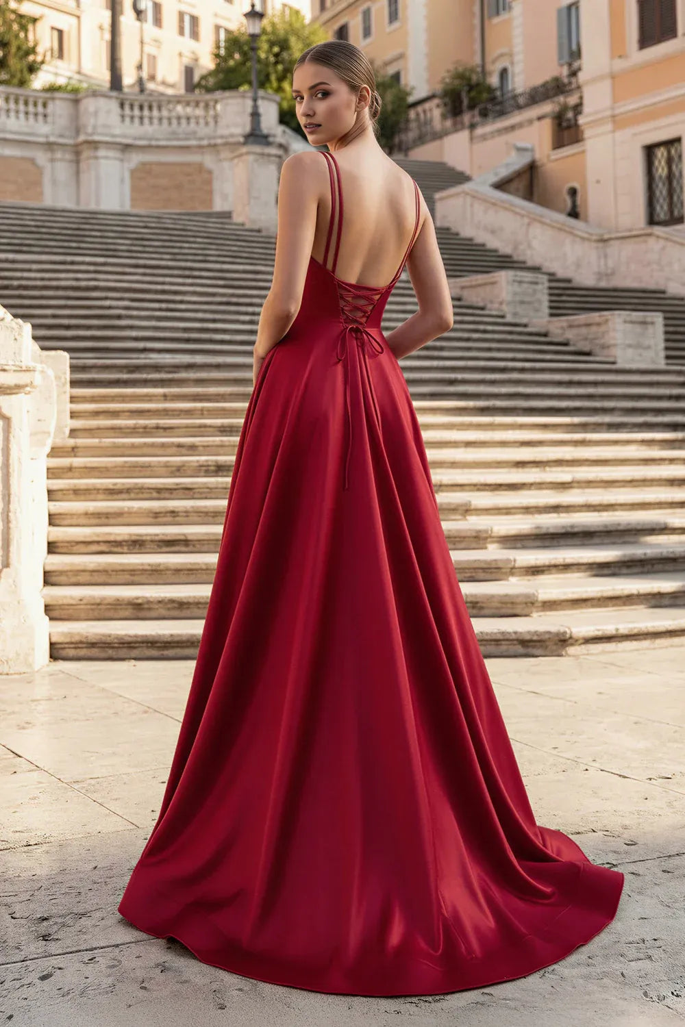 Burgundy A-Line V-Neck Sleeveless Lace-Up Floor-Length Prom Dresses With Slit