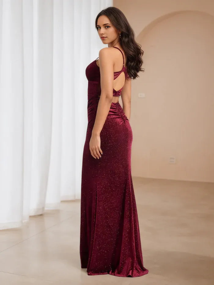 Burgundy Glitter Prom Dress Plunge Neckline Spaghetti Straps Sculpted Fit to Elevate Gala Style