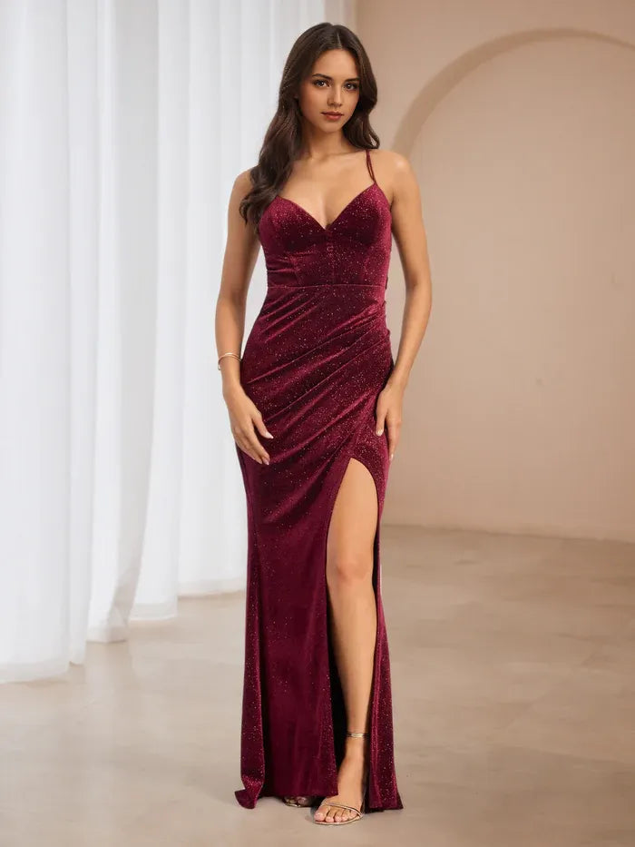 Burgundy Glitter Prom Dress Plunge Neckline Spaghetti Straps Sculpted Fit to Elevate Gala Style