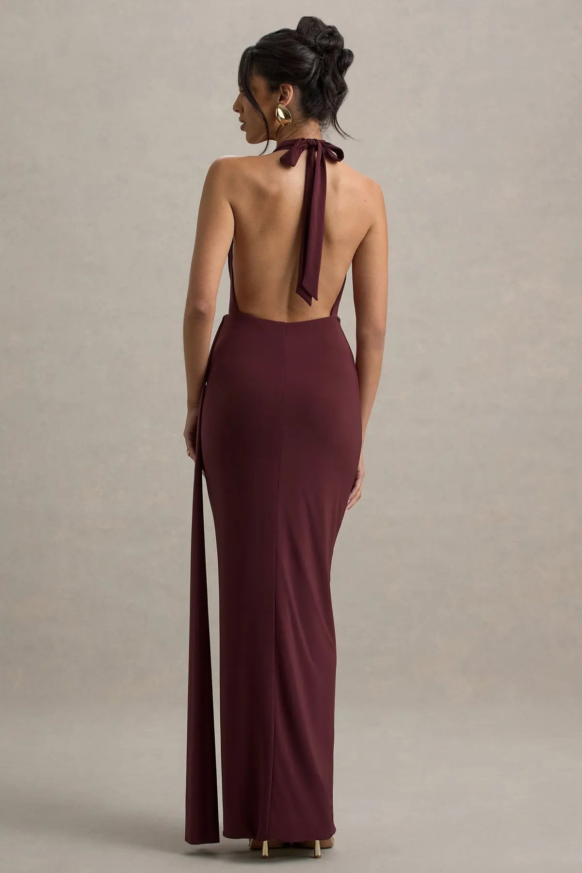 Burgundy Neck Prom Dresses with Draped Overlay and Side Slit for a Sophisticated Evening Look