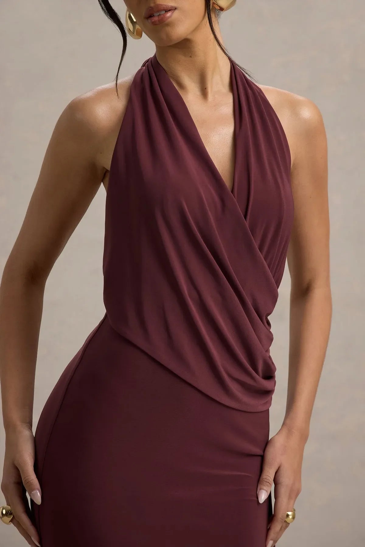 Burgundy Neck Prom Dresses with Draped Overlay and Side Slit for a Sophisticated Evening Look
