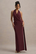 Burgundy Neck Prom Dresses with Draped Overlay and Side Slit for a Sophisticated Evening Look