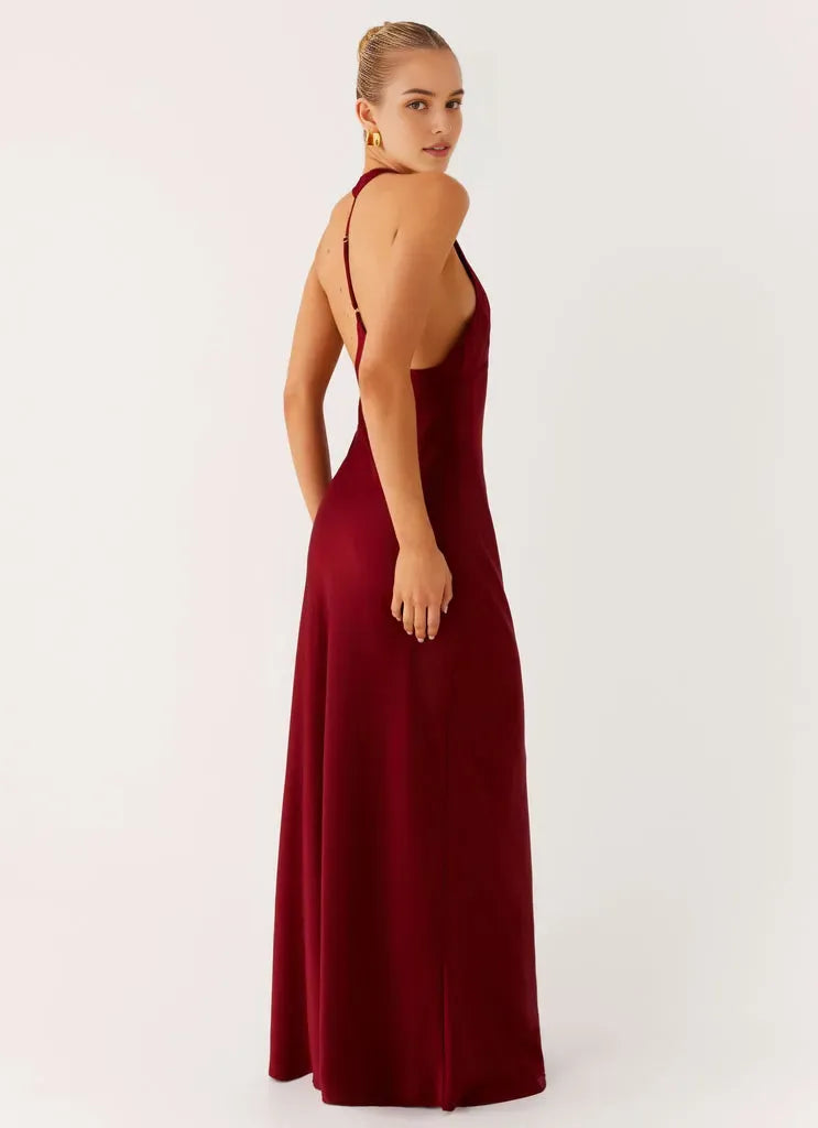 Burgundy Prom Gown Halter Neckline Plunging V - Cut Fabric and Side Slit for Memorable Evenings