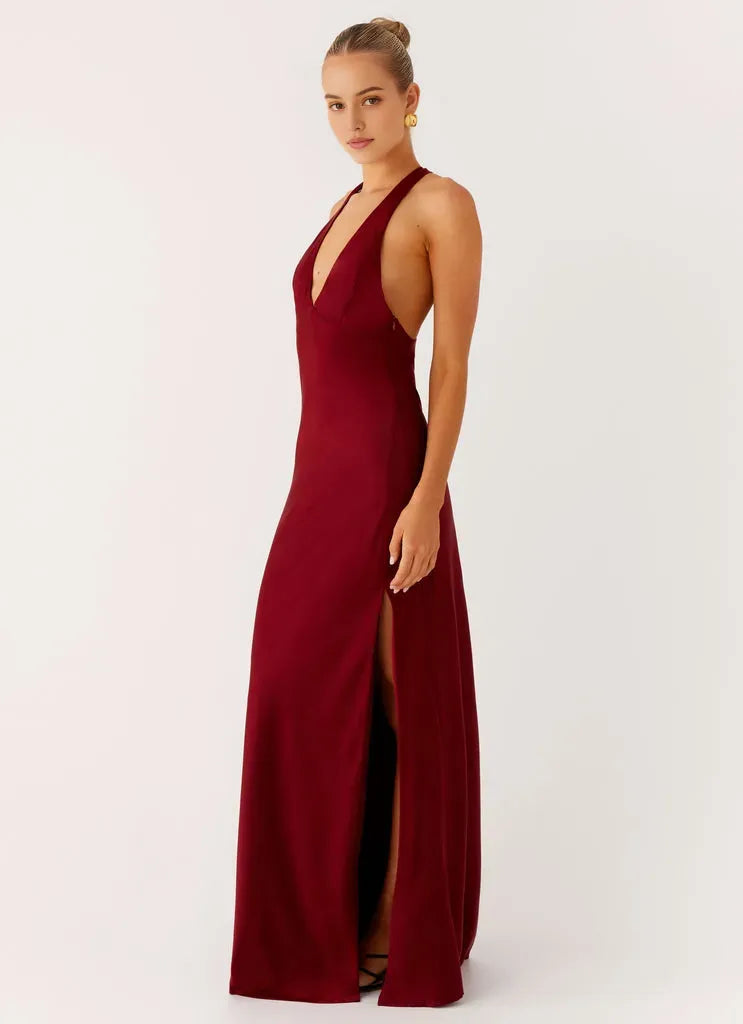 Burgundy Prom Gown Halter Neckline Plunging V - Cut Fabric and Side Slit for Memorable Evenings