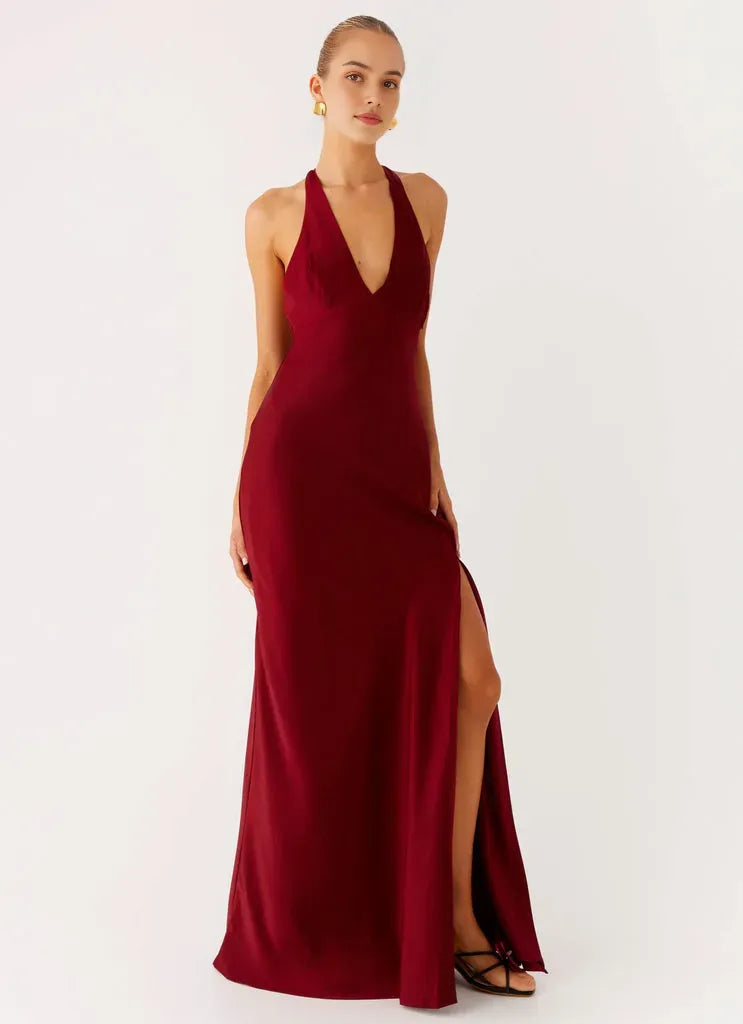 Burgundy Prom Gown Halter Neckline Plunging V - Cut Fabric and Side Slit for Memorable Evenings