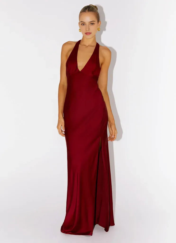 Burgundy Prom Gown Halter Neckline Plunging V - Cut Fabric and Side Slit for Memorable Evenings