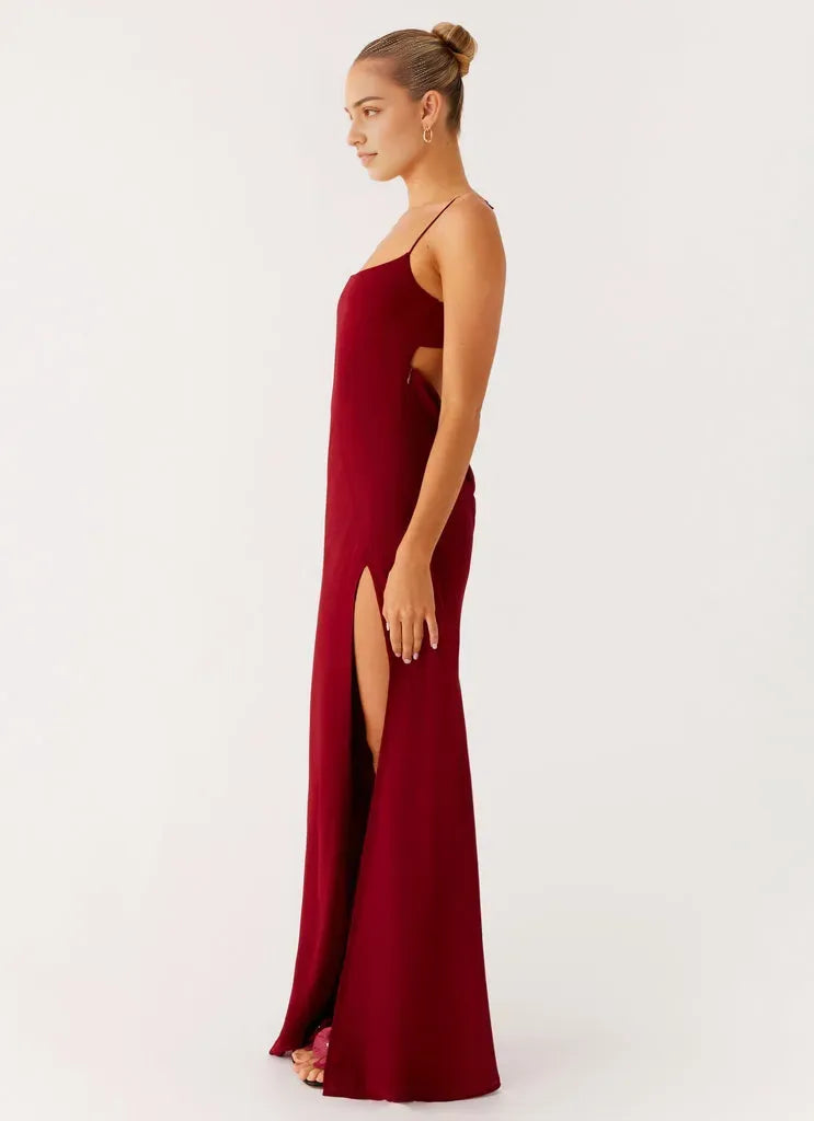 Burgundy Prom Gown Square Neckline Spaghetti Straps Side Slit Bodycon Fit for Prom Night