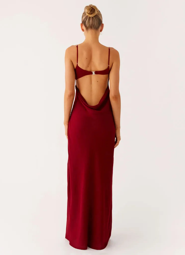 Burgundy Prom Gown Square Neckline Spaghetti Straps Side Slit Bodycon Fit for Prom Night