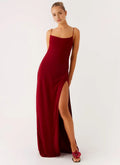 Burgundy Prom Gown Square Neckline Spaghetti Straps Side Slit Bodycon Fit for Prom Night