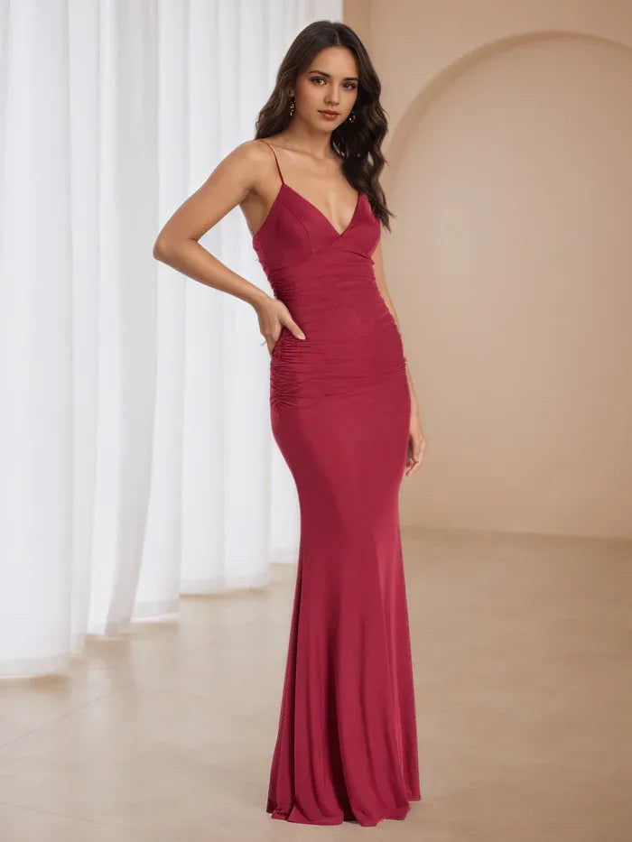 Burgundy Ruched Prom Dress Deep V - Neck Spaghetti Straps Sculpted Silhouette to Elevate Gala Style