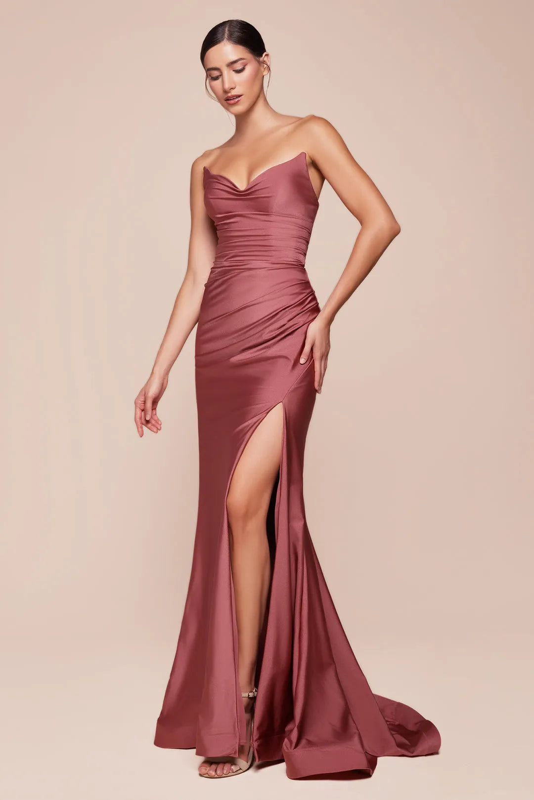 Burgundy Strapless Mermaid Prom Dress with Ruched Detailing and Side Slit