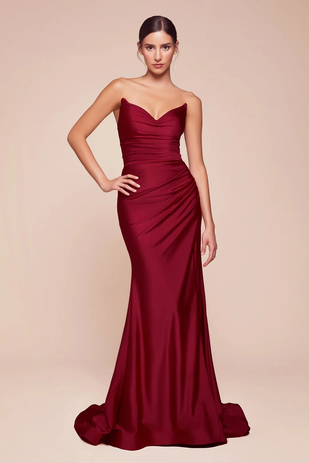 Burgundy Strapless Mermaid Prom Dress with Ruched Detailing and Side Slit