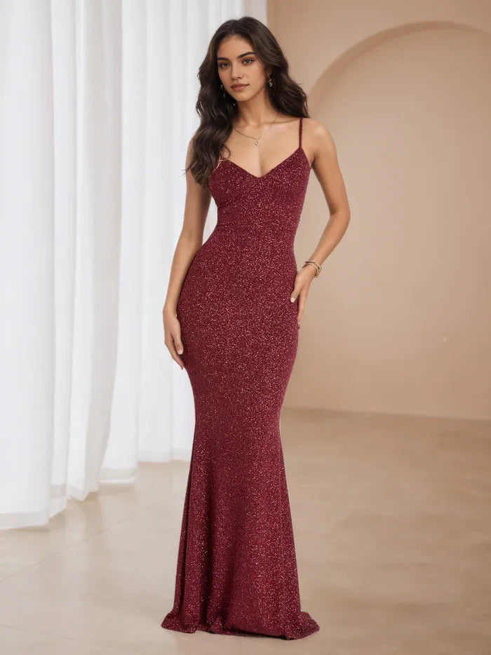 Burgundy Sparkle Gown Plunge V - Neck Mermaid Fit Glitter Detail for Memorable Prom Nights