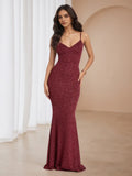 Burgundy Sparkle Gown Plunge V - Neck Mermaid Fit Glitter Detail for Memorable Prom Nights