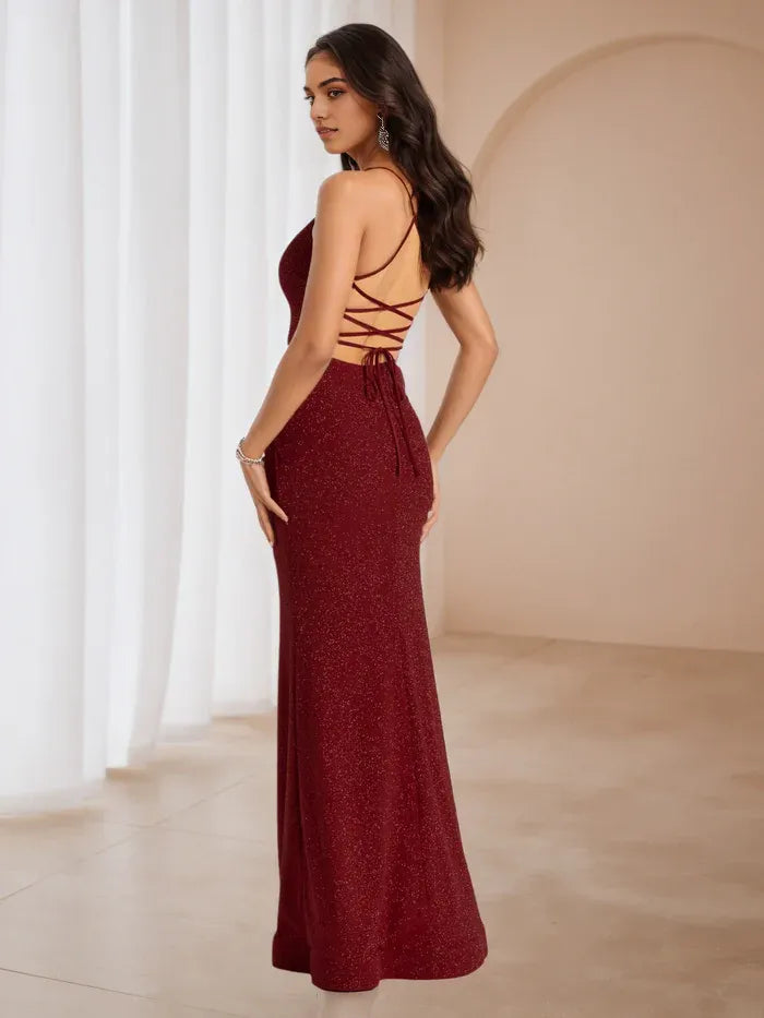 Burgundy Sparkle Prom Dress V Neck Spaghetti Strap Gown with Side Slit for Formal Dance Events