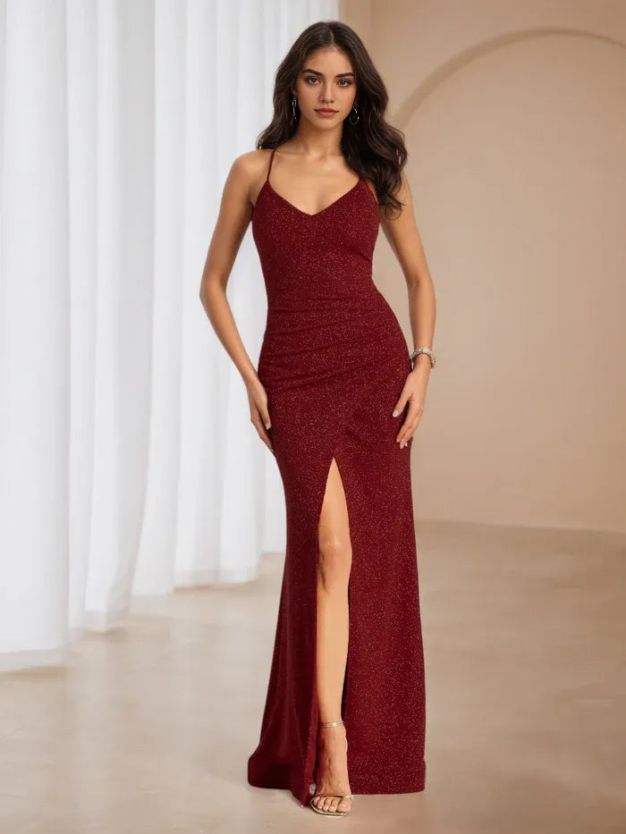 Burgundy Sparkle Prom Dress V Neck Spaghetti Strap Gown with Side Slit for Formal Dance Events