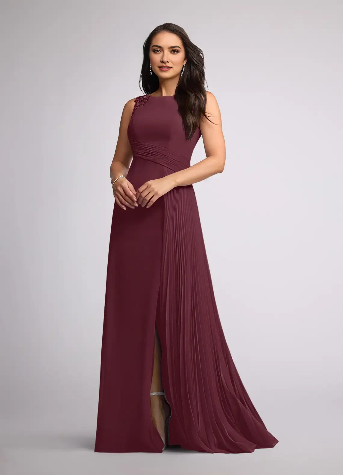 Cabernet A-Line Sequins Mother of the Bride Dresses Eye Catching Shoulder Embellishments High Neckline Figure Flattering Pleated Design Sleeveless Side Slit