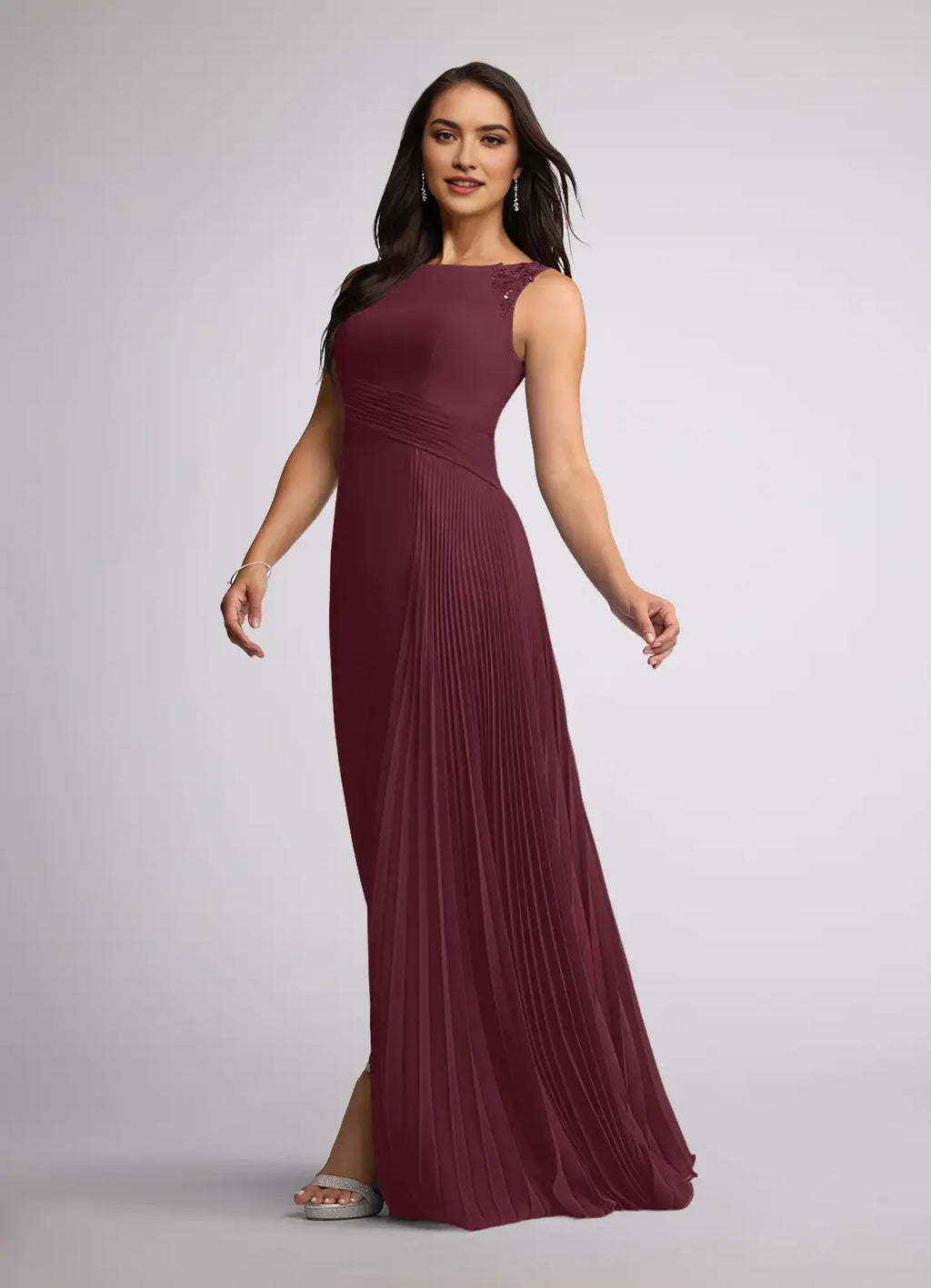 Cabernet A-Line Sequins Mother of the Bride Dresses Eye Catching Shoulder Embellishments High Neckline Figure Flattering Pleated Design Sleeveless Side Slit