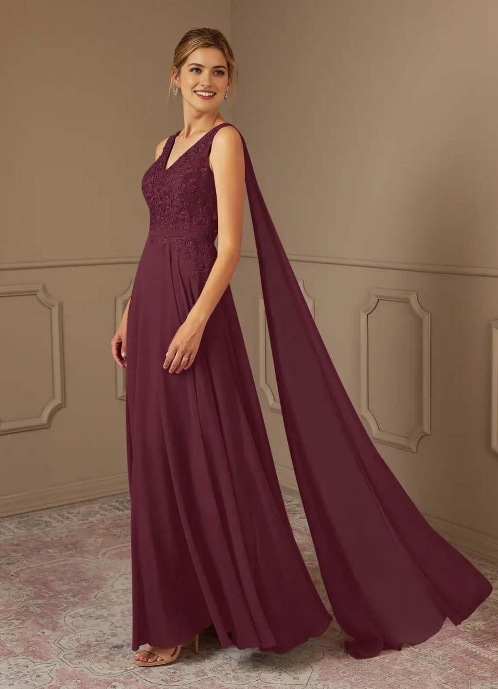 Cabernet A-Line Sequins Mother of the Bride Gown Eye Catching Embellishments V - Neckline Figure Flattering Draped Design Sleeveless