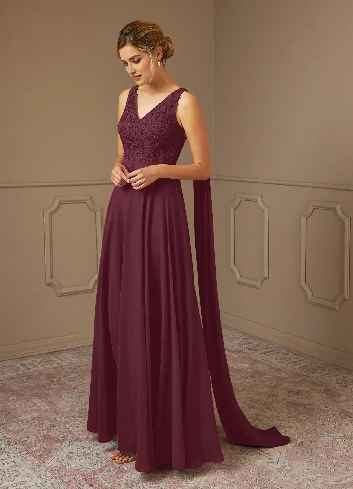 Cabernet A-Line Sequins Mother of the Bride Gown Eye Catching Embellishments V - Neckline Figure Flattering Draped Design Sleeveless