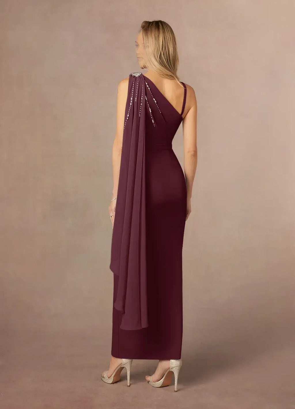 Cabernet One Shoulder Mother of the Bride Dress with One - Shoulder Crystal Strap Draped Overlay and Slim Maxi Silhouette