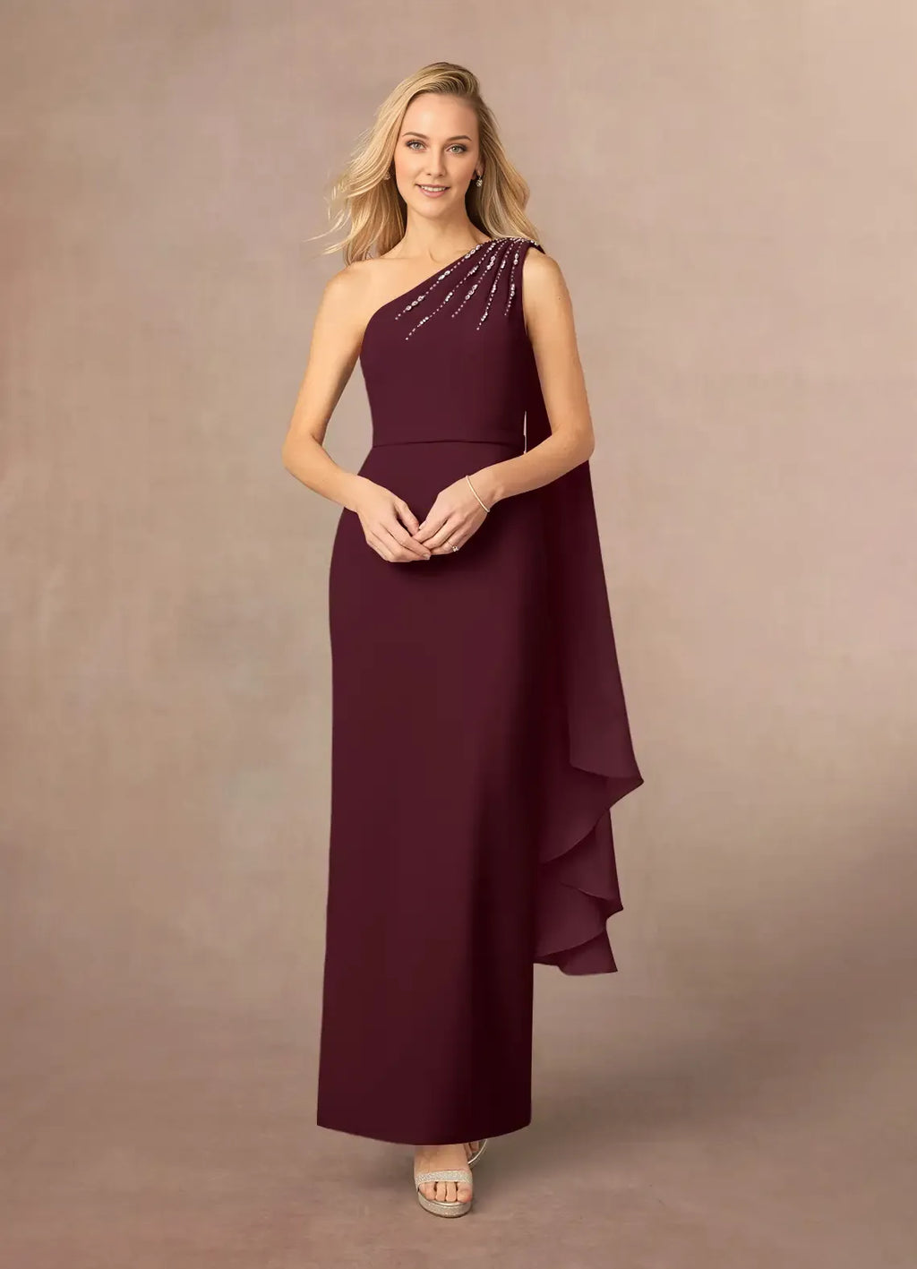 Cabernet One Shoulder Mother of the Bride Dress with One - Shoulder Crystal Strap Draped Overlay and Slim Maxi Silhouette