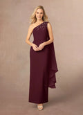 Cabernet One Shoulder Mother of the Bride Dress with One - Shoulder Crystal Strap Draped Overlay and Slim Maxi Silhouette