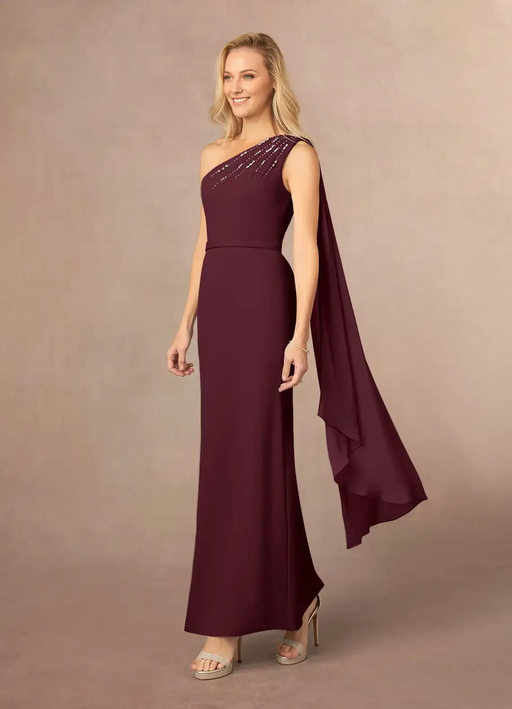 Cabernet One Shoulder Mother of the Bride Dress with One - Shoulder Crystal Strap Draped Overlay and Slim Maxi Silhouette