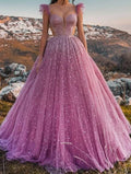 Cap Sleeves Ball Gown Evening Dress With Appliques