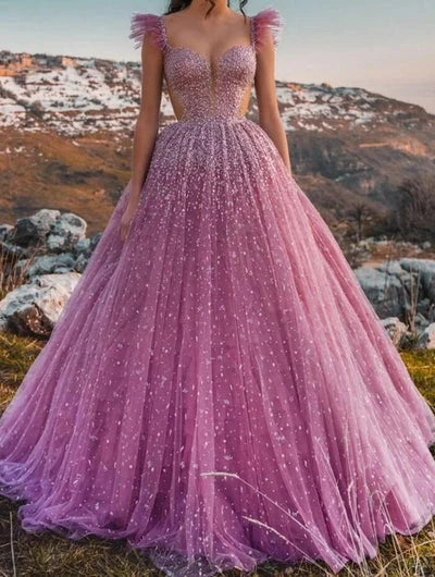 Cap Sleeves Ball Gown Evening Dress With Appliques