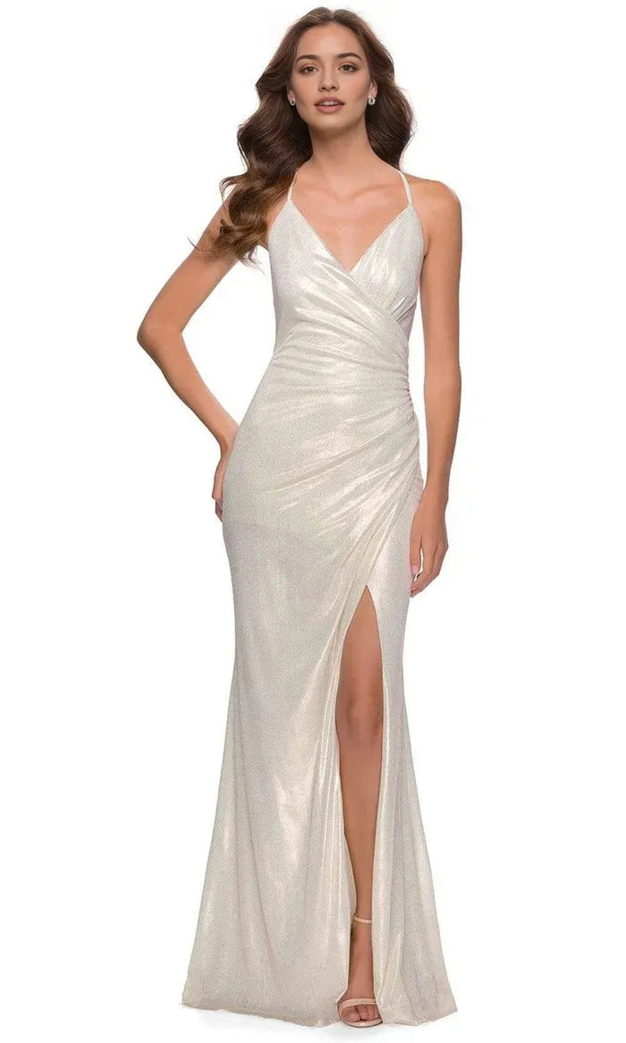 Champagne - Gold Shimmering Knit Prom Dress with Halter Neck and High Slit