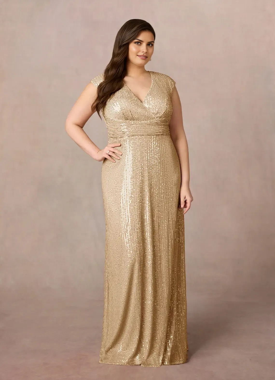 Champagne A-Line Plus Size V-Neck Cap-Sleeve Ruffle Sequins Back Zip Floor-Length Mother of the Bride Dress
