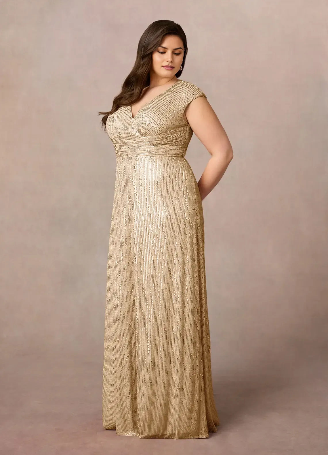 Champagne A-Line Plus Size V-Neck Cap-Sleeve Ruffle Sequins Back Zip Floor-Length Mother of the Bride Dress