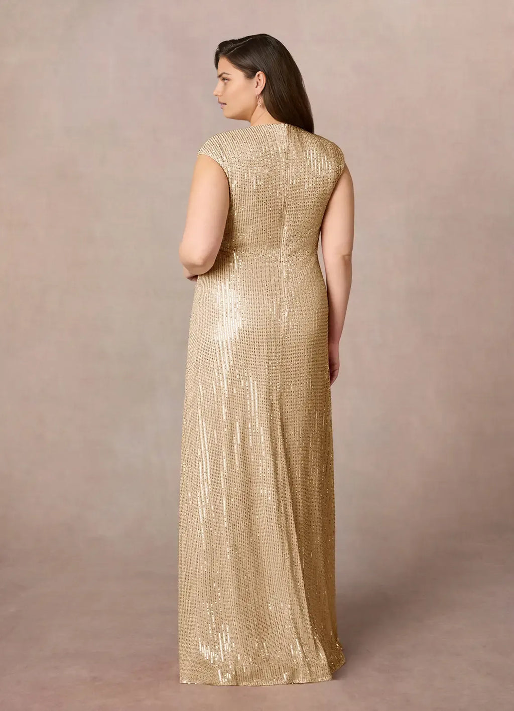 Champagne A-Line Plus Size V-Neck Cap-Sleeve Ruffle Sequins Back Zip Floor-Length Mother of the Bride Dress