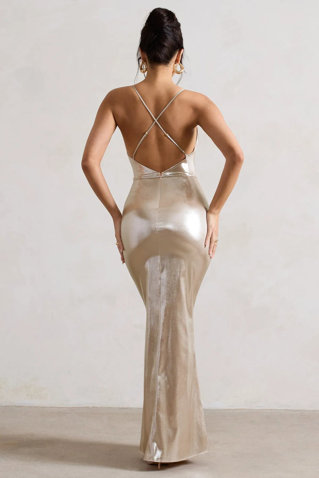 Champagne Gold Cowl Neck Prom Dresses with Spaghetti Straps and Waist Tie