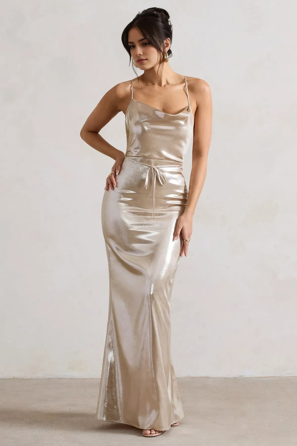 Champagne Gold Cowl Neck Prom Dresses with Spaghetti Straps and Waist Tie