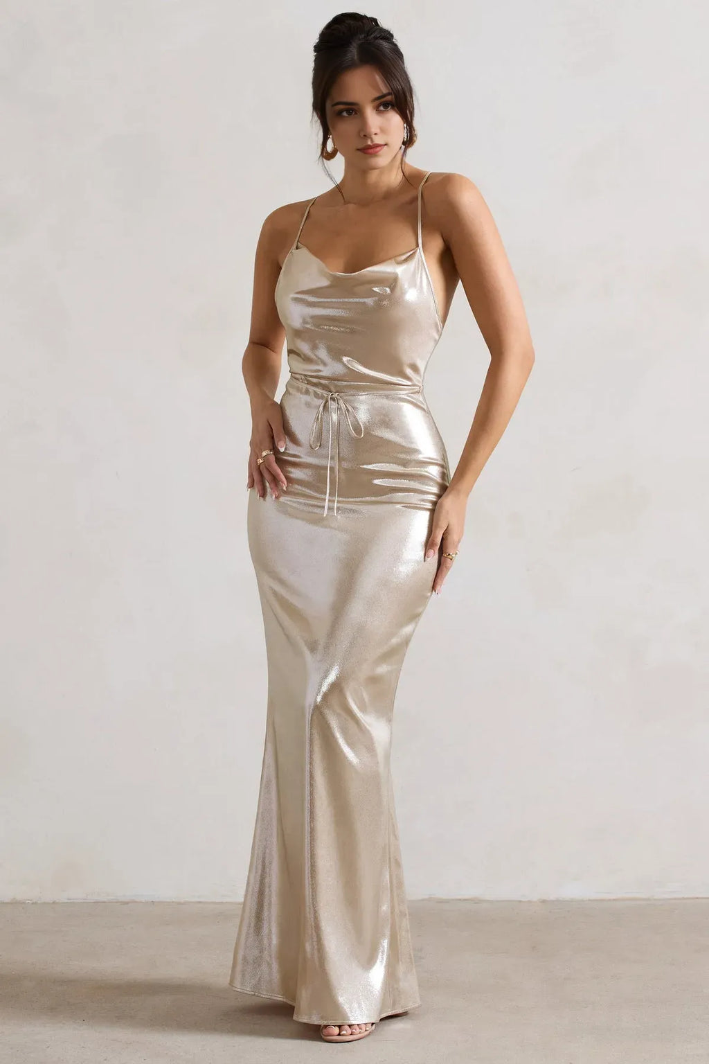 Champagne Gold Cowl Neck Prom Dresses with Spaghetti Straps and Waist Tie