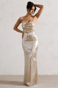 Champagne Gold Cowl Neck Prom Dresses with Spaghetti Straps and Waist Tie