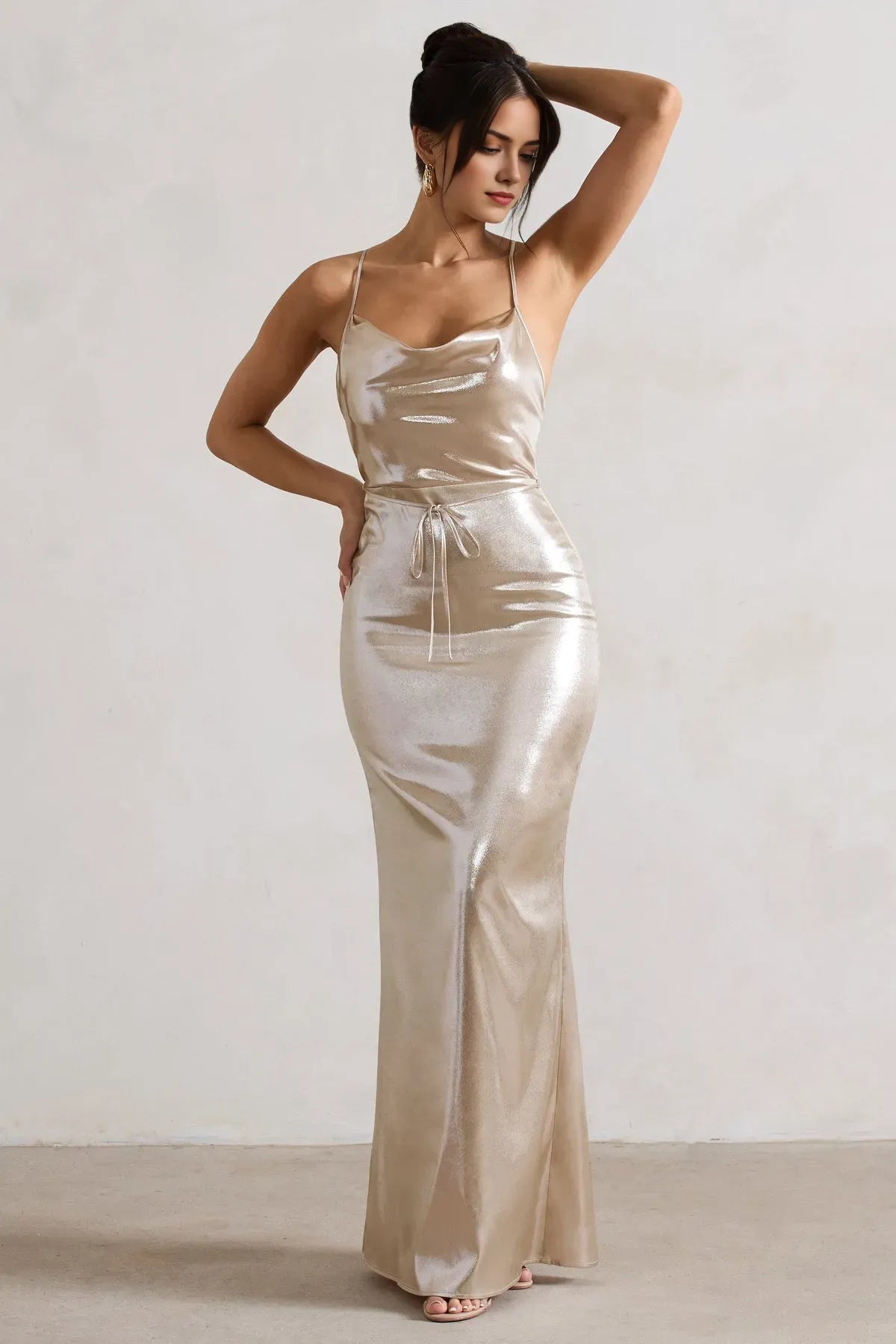 Champagne Gold Cowl Neck Prom Dresses with Spaghetti Straps and Waist Tie