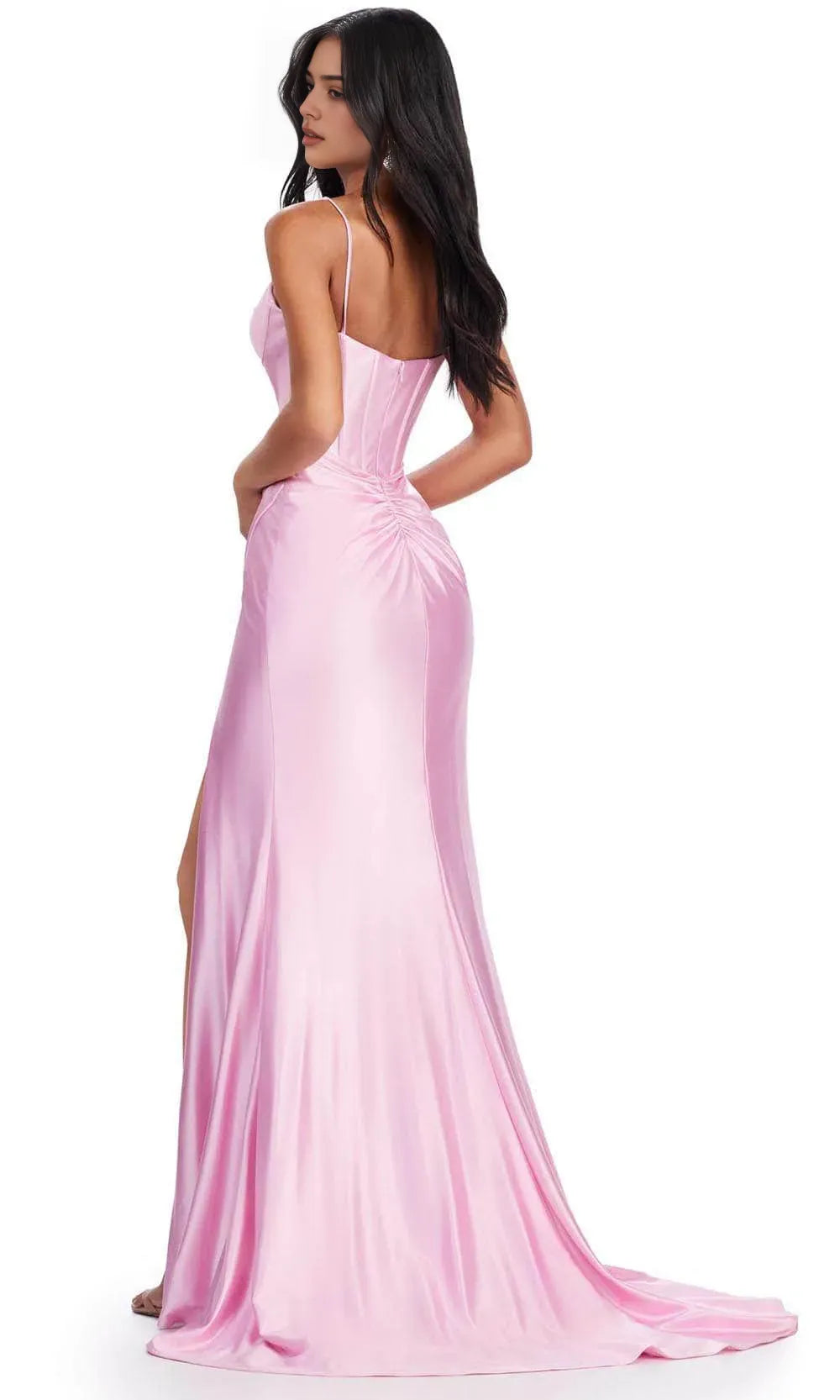 Champagne Evening Dresses with Spaghetti Straps Corset Inspired Bodice Asymmetric Ruched Skirt and High Side Slit