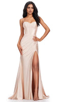 Champagne Evening Dresses with Spaghetti Straps Corset Inspired Bodice Asymmetric Ruched Skirt and High Side Slit