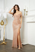 Champagne Off - Shoulder Prom Dress with Ruched Detailing and High Side Slit for Formal Occasions