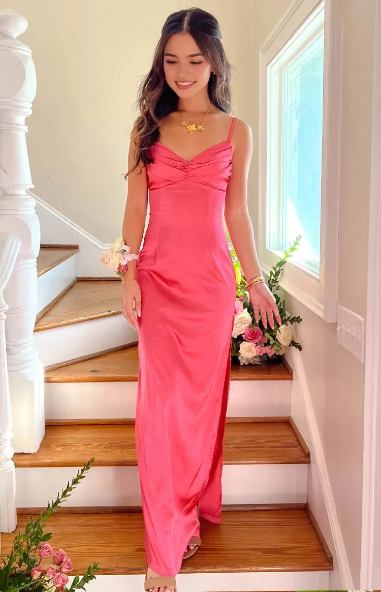Coral Pink Prom Dress Spaghetti Straps Ruched Plunging V Neck Fit for a Show Stopping Appeal